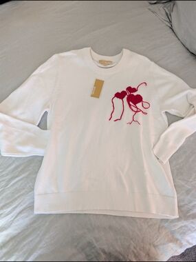 Michael Kors White Crewneck Sweater with Red Embroidered Hearts XL NWT